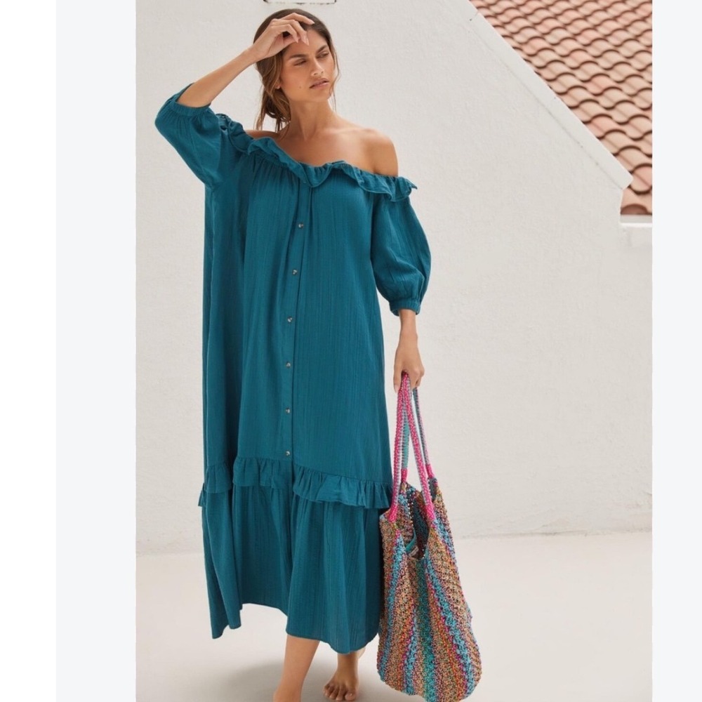 Anthropologie Ruffle Off-The-Shoulder Gauze Maxi Dress Turquoise Large NWT